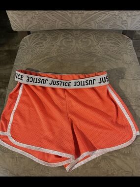 Justice Neon Orange Mesh Athletic Shorts with Branded Waistband